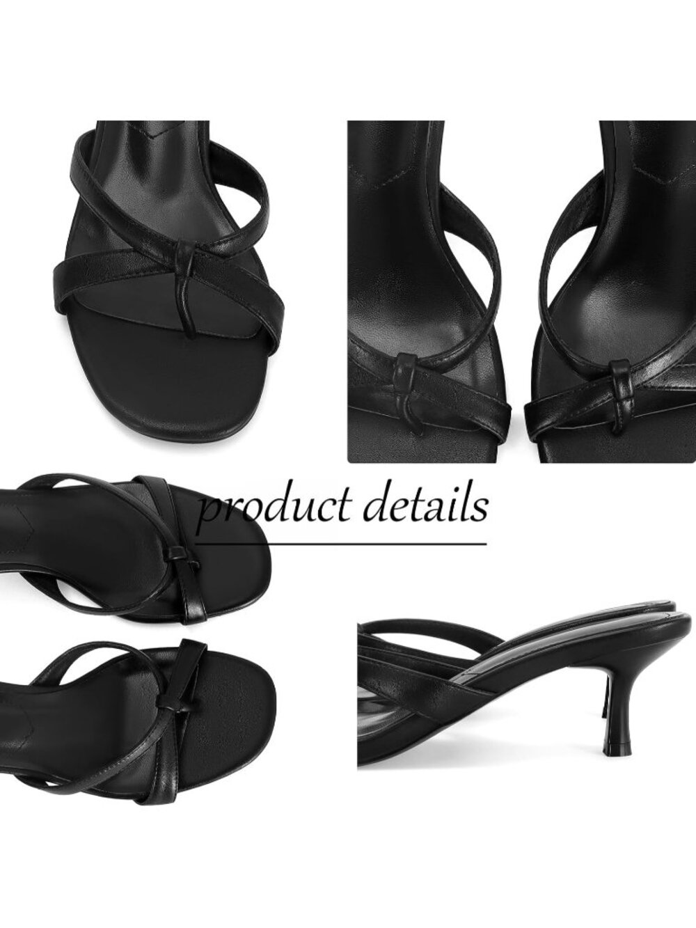 Women's Black Rounded Open-Toe Strappy Kitten Mule Heel Thong Flip-Flop Sandal - Picture 6 of 6